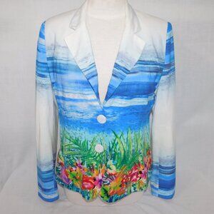 SCAPA Lauren Perre Womens 12 Floral Ocean Scene White Blue Blazer Jacket